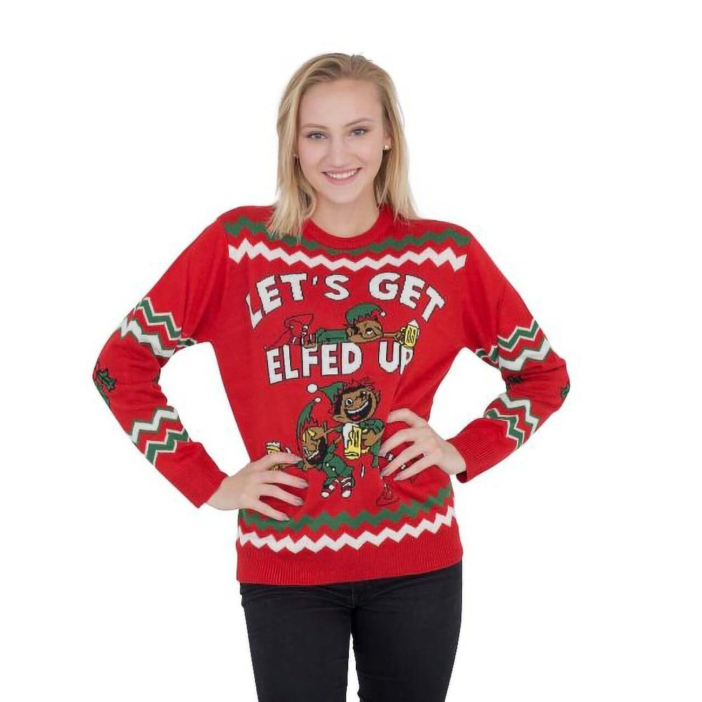 Women’s Let’s Get Elfed Up Drunken Elves Ugly Christmas Sweater